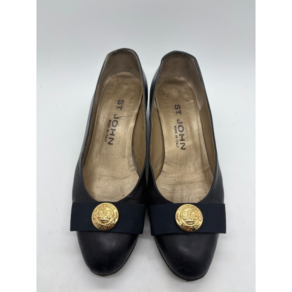 ST. JOHNs Black Leather Pumps Block Heel Gold Button Ribbon Bow 5 1/2 B